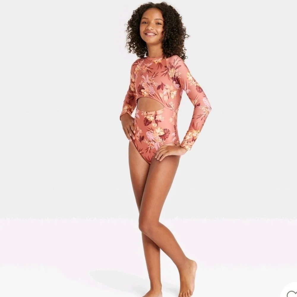 NWT Art Class Girl's Island Floral 1 PC Rashguard Swimsuit M 8